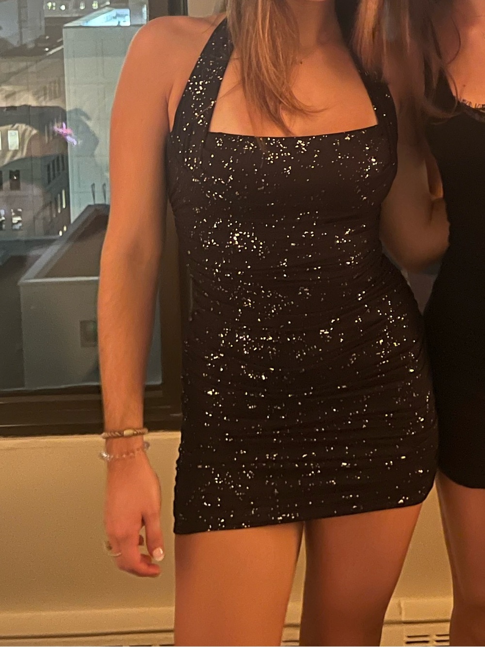 Black Speckled Ruched Halter Dress